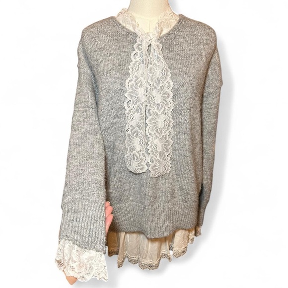 American Vintage Sweaters - Victorian Coquette Gray Women's Sweater with Lace Collar and Cuffs